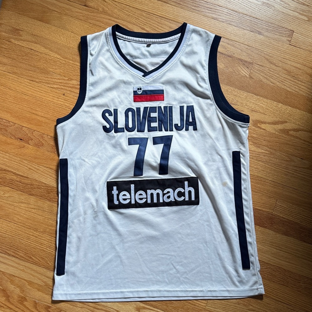 White and Blue Slovenia Basketball Jersey